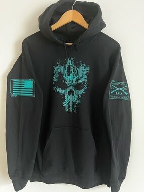 Grunt Style Black Hoodie with Green Reaper Skull Design, Men’s Large, NWT